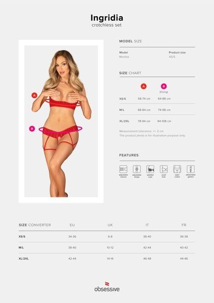 Комплект Obsessive Ingridia 2-pcs crotchless set XL/2XL, червоний, з доступом, відкриті груди SO9031