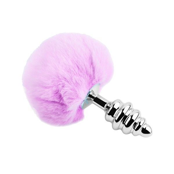 Металева анальна пробка Кролячий хвостик Alive Fluffy Twist Plug L Purple, діаметр 3,8 см SO6310
