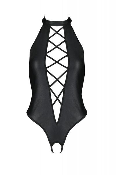 Боді з екошкіри Passion Nancy Body 4XL/5XL black, з імітацією шнурівки та відкритим доступом SO7104