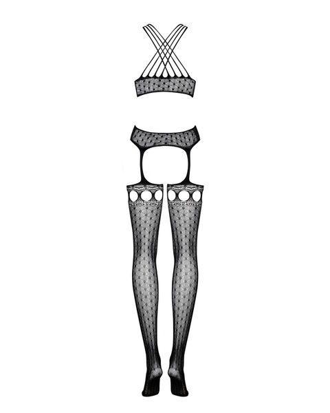 Бодістокінг Obsessive Bodystocking G313 S/M/L black, шнурівка, геометричний декор SO7237