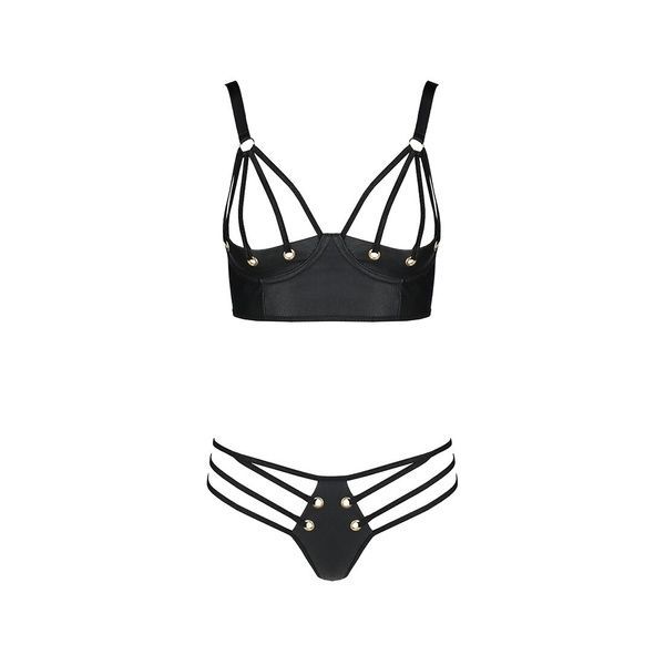 Комплект з екошкіри з люверсами та ремінцями Malwia Bikini black S/M &mdash; Passion, бра та трусики SO5763