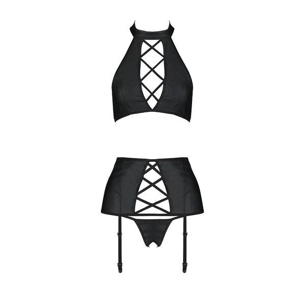 Комплект з еко-шкіри з імітацією шнурівки Nancy Set black L/XL - Passion топ, трусики та пояс для па SO5373