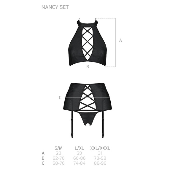Комплект з еко-шкіри з імітацією шнурівки Nancy Set black L/XL - Passion топ, трусики та пояс для па SO5373