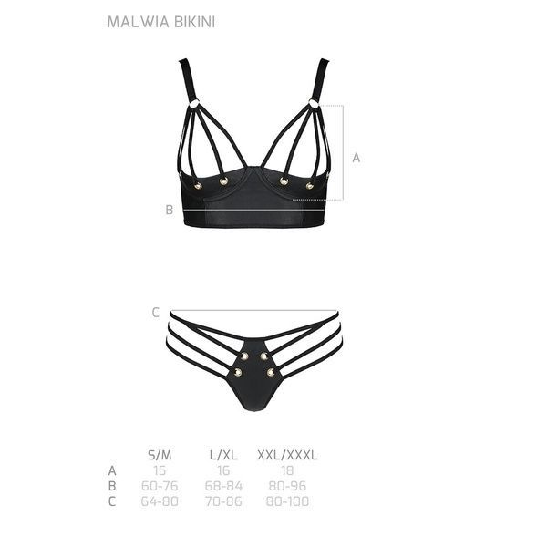 Комплект з екошкіри з люверсами та ремінцями Malwia Bikini black S/M &mdash; Passion, бра та трусики SO5763