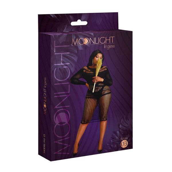 Платье-бодистокинг Moonlight Plus Model 03 XL-XXXL Black, миди, длинный рукав SO8194 фото