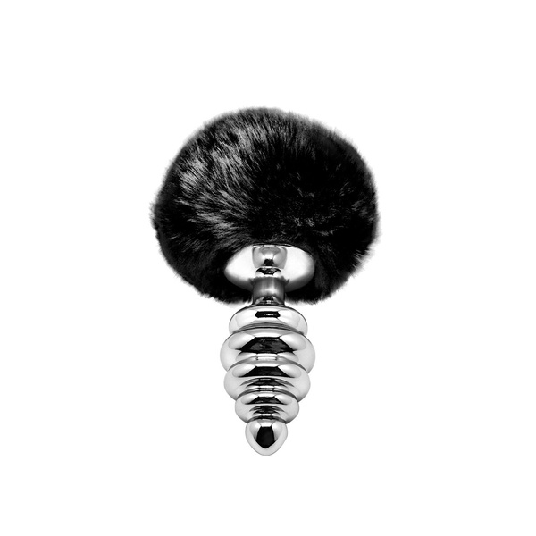 Металева анальна пробка Кролячий хвостик Alive Fluffy Twist Plug M Black, діаметр 3,4 см SO6309