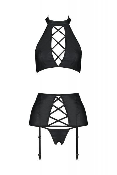 Комплект з екошкіри Passion Nancy Set 4XL/5XL black, імітація шнурівки, топ, пояс для панчіх SO7106