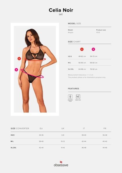 Напівпрозорий комплект Obsessive Celia Noir 2-pcs set XS/S, бюстгальтер, стрінги SO7865