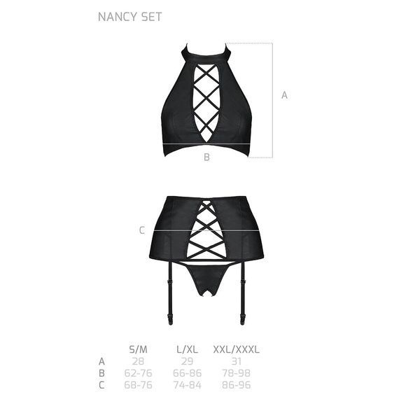 Комплект з еко-шкіри з імітацією шнурівки Nancy Set black S/M - Passion топ, трусики та пояс для пан SO5374