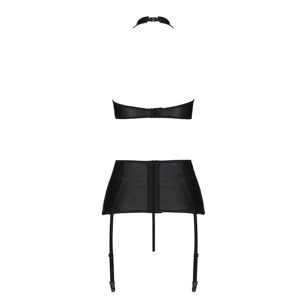 Комплект з еко-шкіри з імітацією шнурівки Nancy Set black S/M - Passion топ, трусики та пояс для пан SO5374