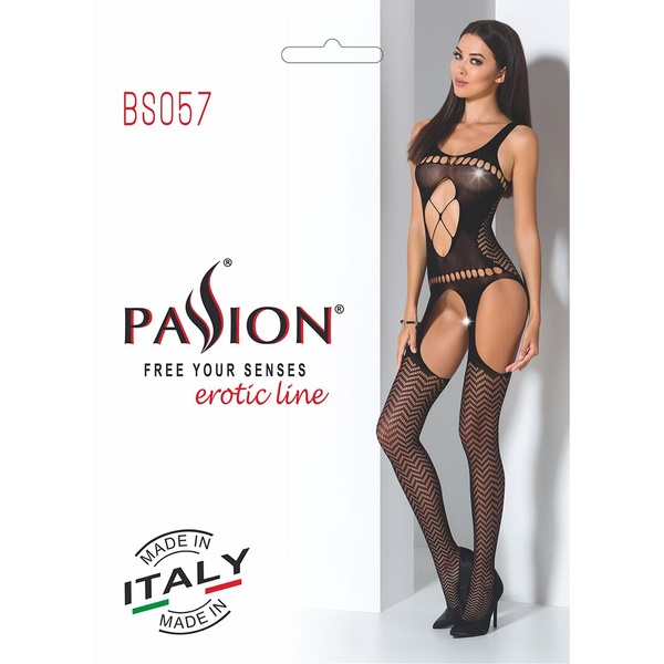 Бодістокінг Passion BS057 black, комбінезон, імітація панчох і пояса PBS057B