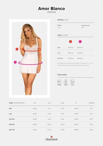Сорочка Obsessive Amor Blanco underwire chemise & thong white S/M SX1126