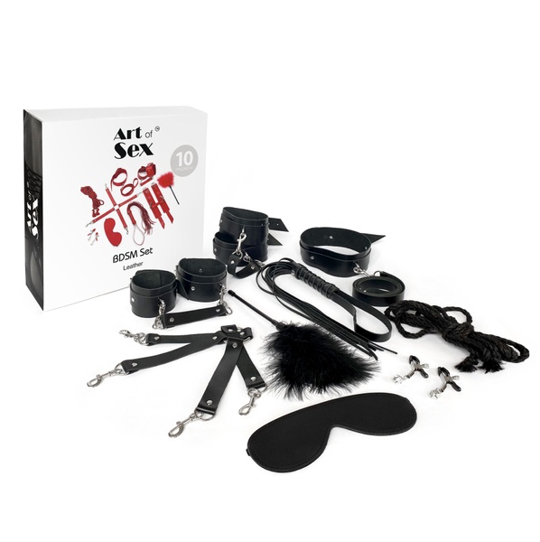 Набір Art of Sex - BDSM Set Leather, 10 предметів, натуральна шкіра, Чорний SO7138