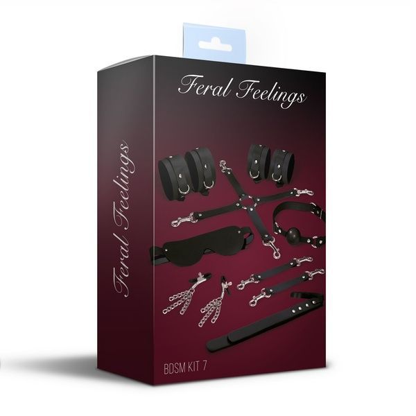 Набір Feral Feelings BDSM Kit 7 Black, наручники, поножі, конектор, маска, паддл, кляп, затискачі SO8276