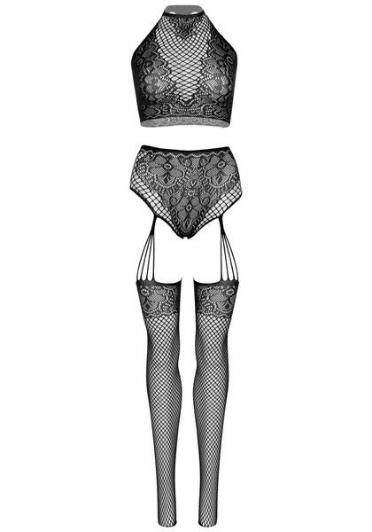 Эротический комплект Leg Avenue Crop top and garter panty Black, топ, трусики с доступом, чулки SO9156 фото
