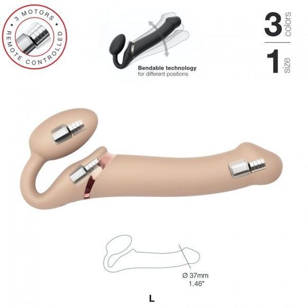 Безремінний страпон з вібрацією Strap-On-Me Vibrating Flesh L, діаметр 3,7 см, пульт ДК, регульовани SO3828
