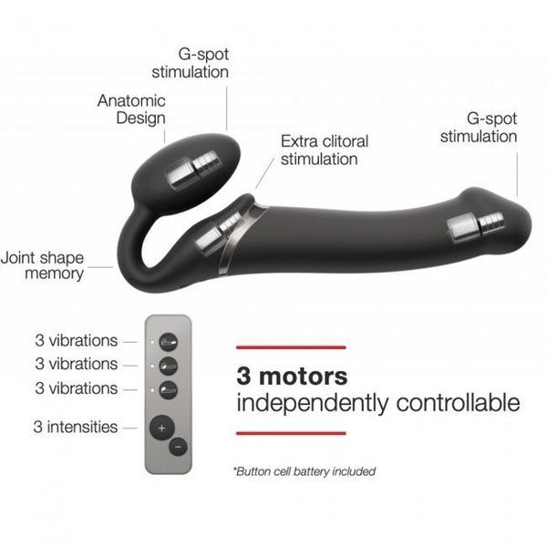 Безремінний страпон з вібрацією Strap-On-Me Vibrating Black L, діаметр 3,7см, пульт ДК, регульований SO3829
