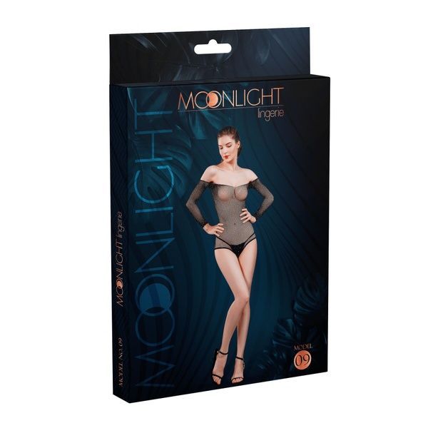 Сітчасте боді зі стразами Moonlight Model 09 Black, відкриті плечі SO6342