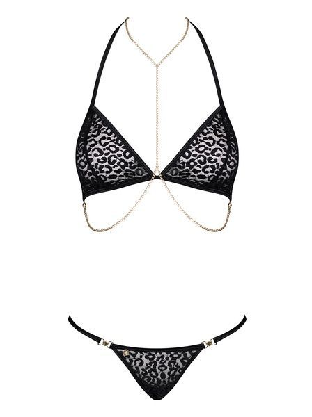 Комплект із ланцюжками Obsessive Pantheria 2-pcs set black S/M, бюстгальтер, трусики SO7875