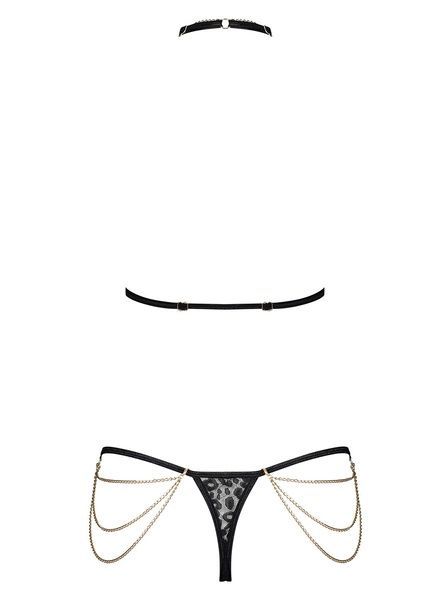 Комплект із ланцюжками Obsessive Pantheria 2-pcs set black L/XL, бюстгальтер, трусики SO7876
