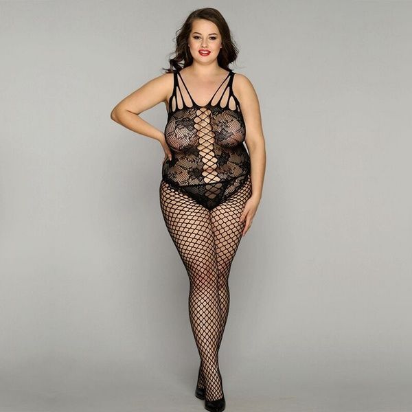 Сетчатый бодистокинг JSY &laquo;Нежная Люси&raquo; Plus Size, black, имитация боди, имитация шнуровки SO8371 фото
