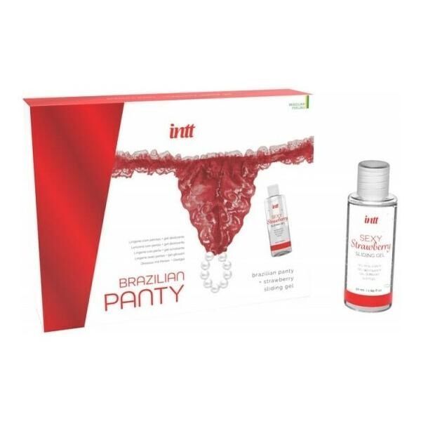 Набір Intt BRAZILIAN PANTY RED: трусики на зав&rsquo;язках S-XL з перлинним кільцем + полунична змазка SO7128
