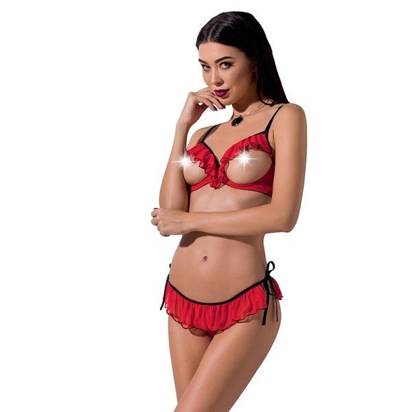 Комплект білизни CHERRY SET OpenBra red L/XL - Passion Exclusive: відкритий ліф, трусики-спідничка PS25507