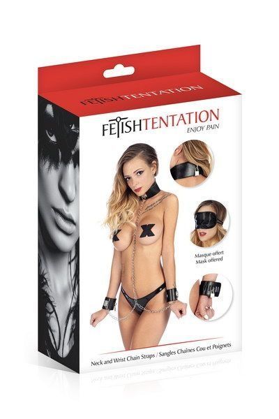 Нашийник з наручниками і ланцюжком Fetish Tentation Neck and Wrist Chain Straps з маскою на очі SO3745