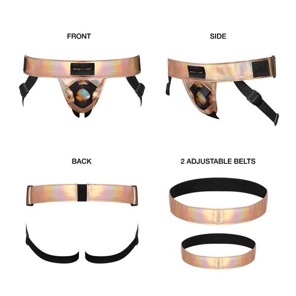Трусики для страпона Strap-On-Me Leatherette Harness CURIOUS - HOLOGRAPHIC ROSE GOLD SO7812