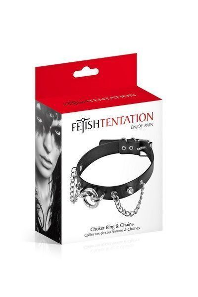 Нашийник ланцюжками, шипами і кільцем Fetish Tentation Choker Rings and Chains, екошкіра SO2237