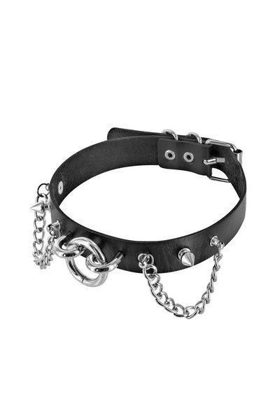 Нашийник ланцюжками, шипами і кільцем Fetish Tentation Choker Rings and Chains, екошкіра SO2237