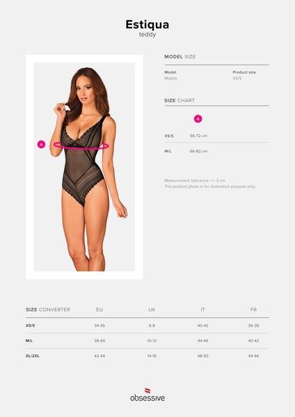 Мереживне боді з декольте Obsessive Estiqua teddy M/L, чорне, широкі лямки SO7260