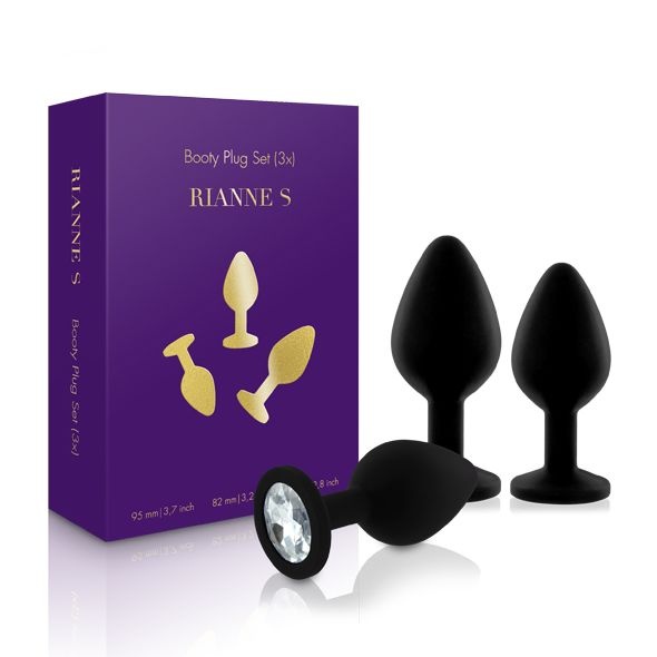 Набір силіконових анальних пробок із кристалом Rianne S: Booty Plug Set Black, діаметр 2,7см, 3,5см, SO3889