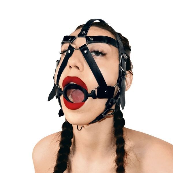 Кляп-маска з силіконовим кільцем Art of Sex - Tamer, Натуральна шкіра, колір Чорний SO9664