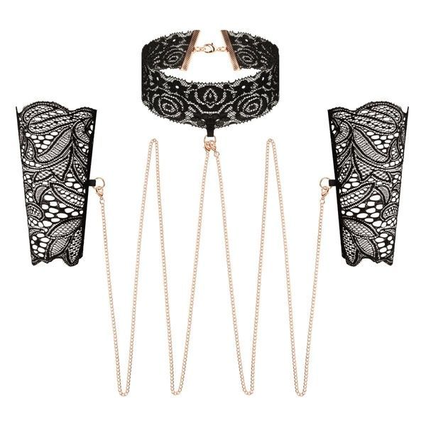 Мереживні наручники та комір Rosy Gold - Lace Cuffs and Collar - Black SX1196