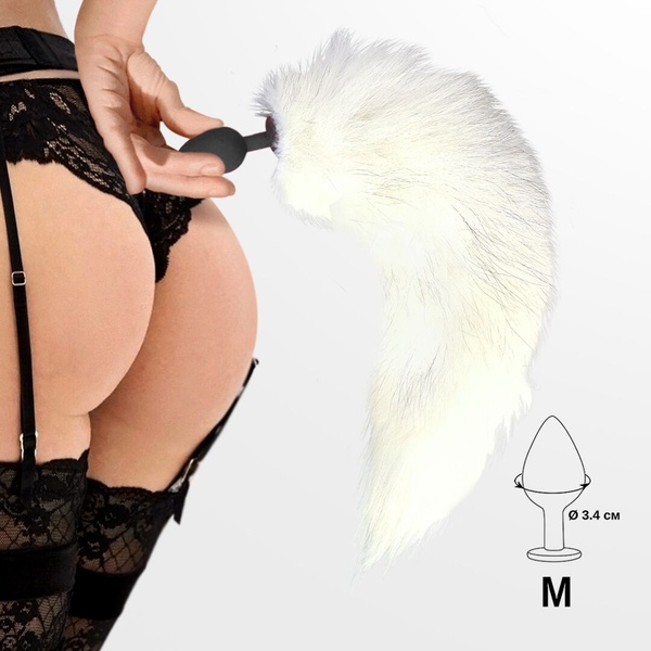 Силіконова анальна пробка з хвостом із натурального хутра Art of Sex size M White fox SO6187