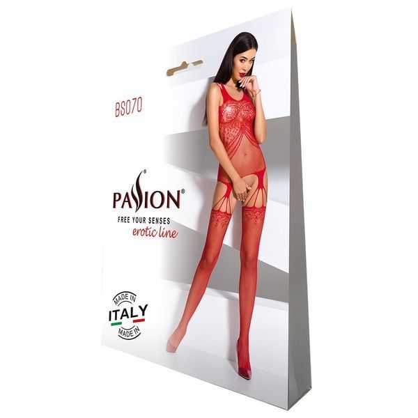 Бодистокинг Passion BS070 red, комбинезон, имитация чулок и ажурного топа PBS070R фото