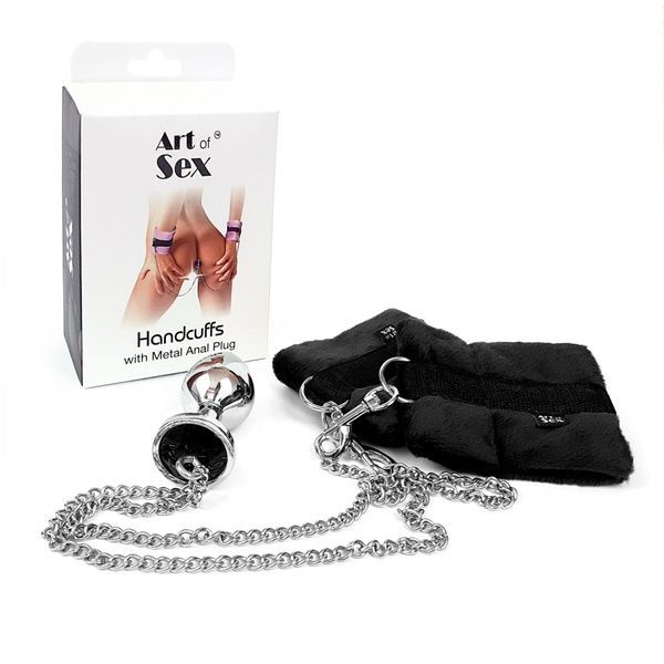 Наручники з металевою анальною пробкою Art of Sex Handcuffs with Metal Anal Plug size M Black SO6235
