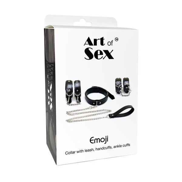 Набір BDSM Art of Sex - Emoji, наручники, поножі, нашийник з повідцем, екошкіра, чорний SO9635