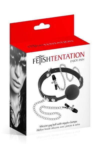 Кляп з силіконовою кулькою і затискачами для сосків Fetish Tentation Gag Ball with Nipple Clamps SO4036