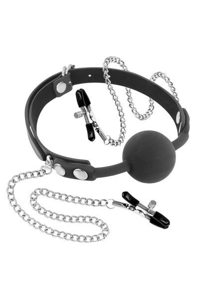 Кляп з силіконовою кулькою і затискачами для сосків Fetish Tentation Gag Ball with Nipple Clamps SO4036