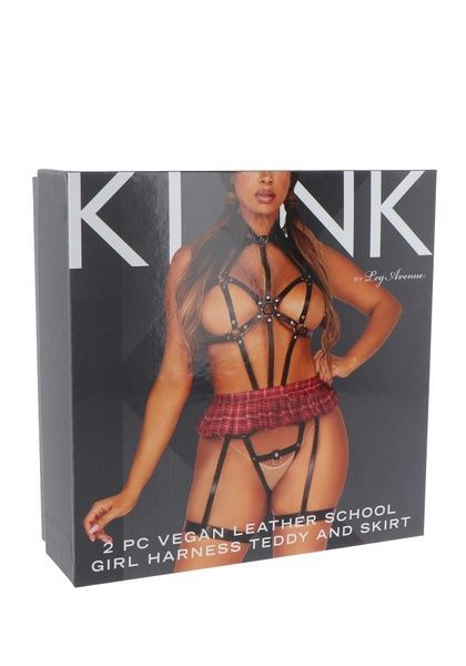 BDSM-костюм ученицы Leg Avenue Harness teddy & skirt S Black, портупея, мини-юбка, экокожа SO8567 фото