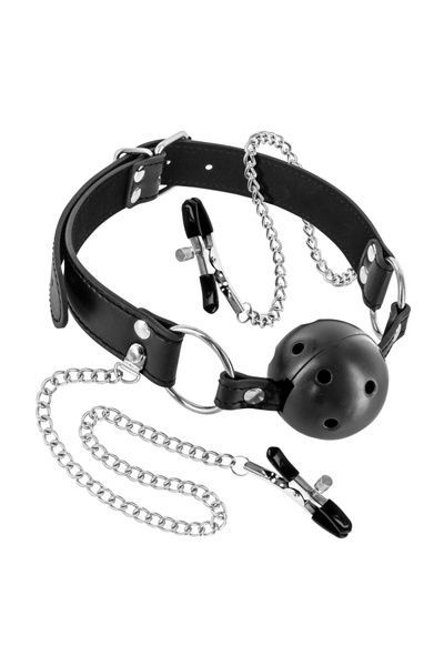 Повітропроникний кляп із затискачами для сосків Fetish Tentation Rigid Gag Ball with Nipple Clamps SO4037