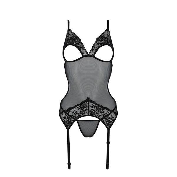 Корсет із підв&rsquo;язками та ажурним ліфом Christa Corset black L/XL &mdash; Passion, стрінги в комплекті SO5756