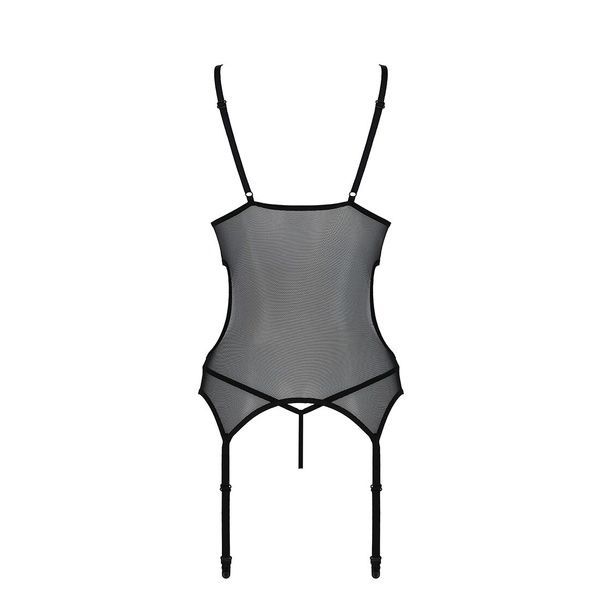 Корсет із підв&rsquo;язками та ажурним ліфом Christa Corset black L/XL &mdash; Passion, стрінги в комплекті SO5756