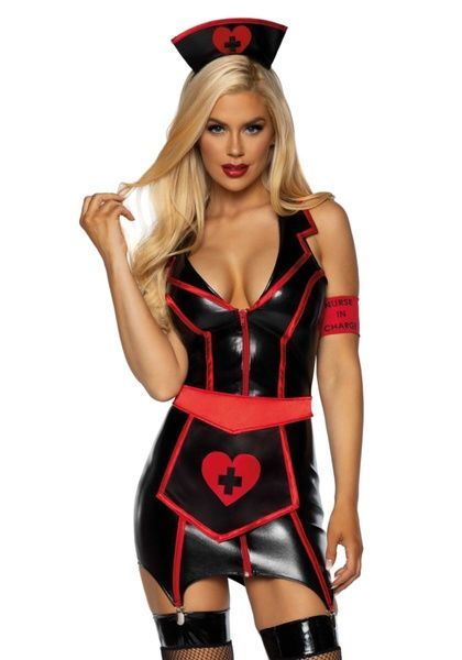 Вініловий костюм медсестри Leg Avenue Vinyl Naughty Nurse XL, сукня, фартух, пов&rsquo;язки SO9142