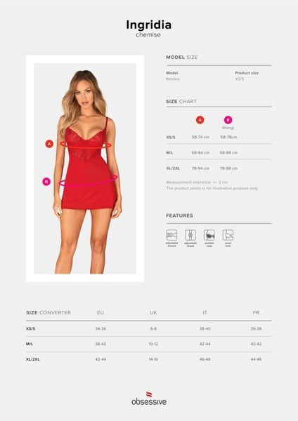 Пеньюар Obsessive Ingridia chemise & thong XL/2XL, красный, сорочка, стринги SO9036 фото
