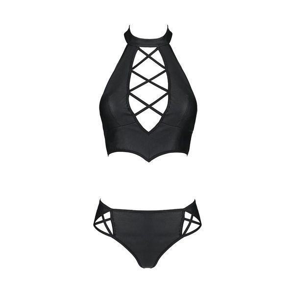 Комплект з еко-шкіри Nancy Bikini black L/XL - Passion, бра та трусики з імітацією шнурівки SO5367