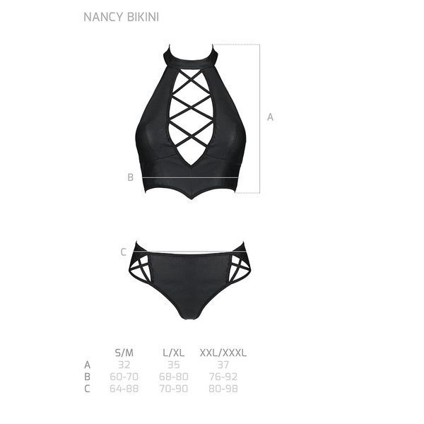Комплект з еко-шкіри Nancy Bikini black L/XL - Passion, бра та трусики з імітацією шнурівки SO5367