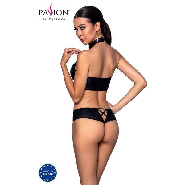 Комплект з еко-шкіри Nancy Bikini black L/XL - Passion, бра та трусики з імітацією шнурівки SO5367